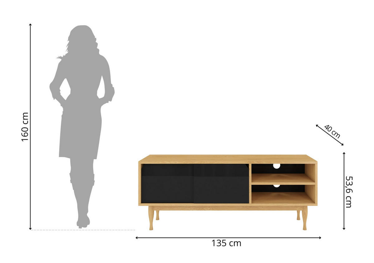 TV-SCHRANK Elza Black, Eichefarben, 135 Cm - Eichefarben, Eichenholz/Holzwerkstoff (135/53.6/40cm) - Skandica