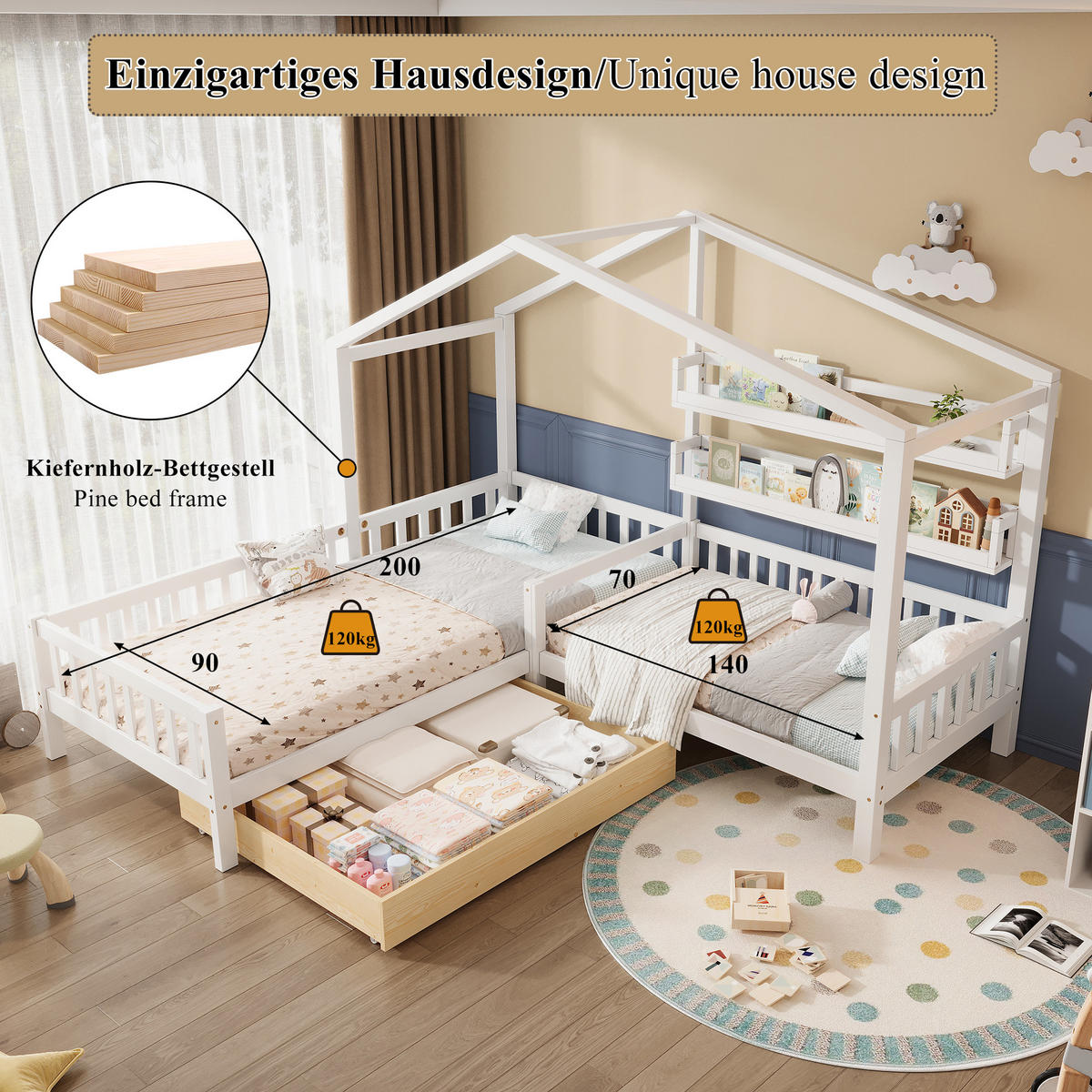 HAUSBETT 90/200+140/70 mit Schubladen und Regalen in Weiß - Weiß, Holzwerkstoff (90/200cm) - EVRYAE