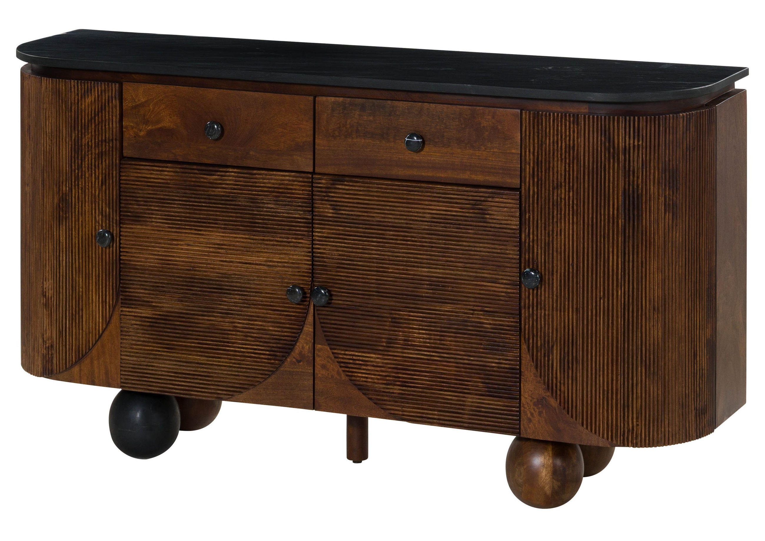 SIDEBOARD Mango 150x40x80 dunkelbraun lackiert / Marmor schwarz FLORENZ #220 - Dunkelbraun, Holz (150/80/40cm) - Massivmoebel24