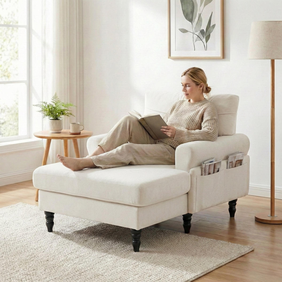 RELAXSESSEL Liege,hochdichte Polsterung,Seitentaschen,Chenille,Beige - Beige, Textil (97/86/125.5cm) - LVHOM