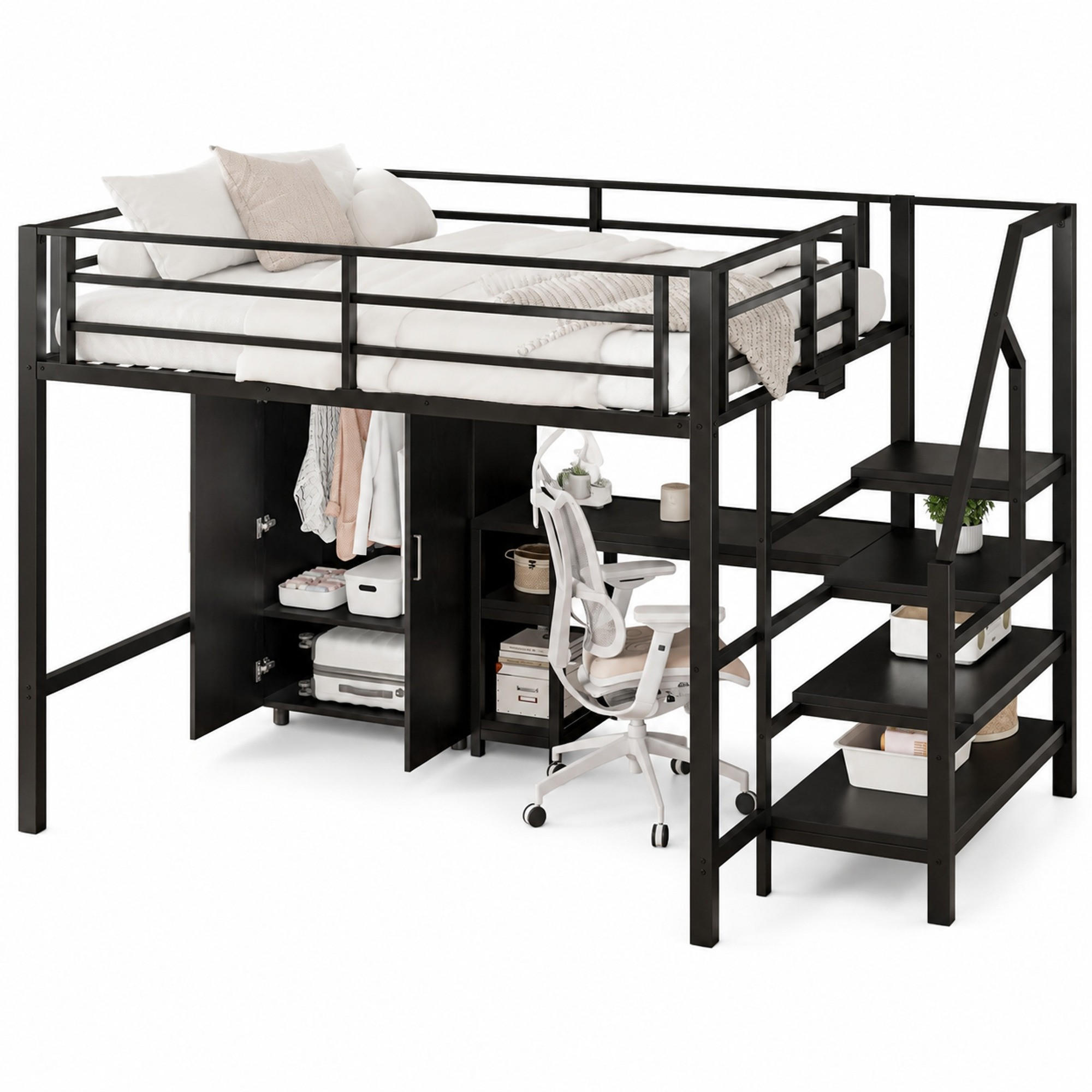 HOCHBETT 140/200 mit Kleiderschrank, Regalen und Schreibtisch in Schwarz - Schwarz, Holzwerkstoff/Metall (140/200cm) - EVRYAE