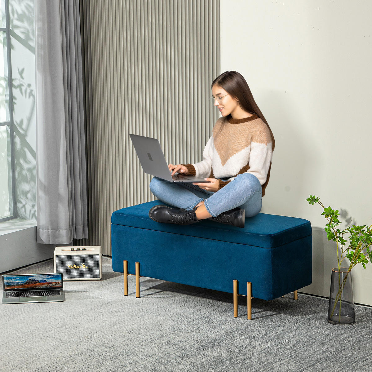 GEPOLSTERTE Sitzbank mit Stauraum, Metall, Kautschukholz, Schaumstoff Dunkelblau - Blau, Textil (40/42/100cm) - HOMCOM