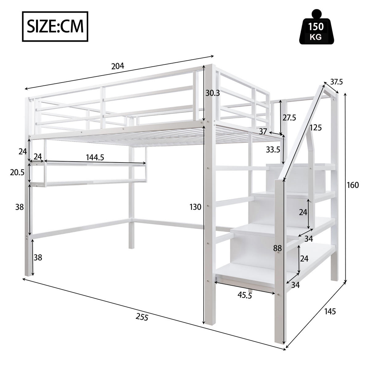 HOCHBETT 140x200cm Weiß Einlegeböden Stauraumleiter Geländer - Weiß, Metall (140/200cm) - FLIEKS