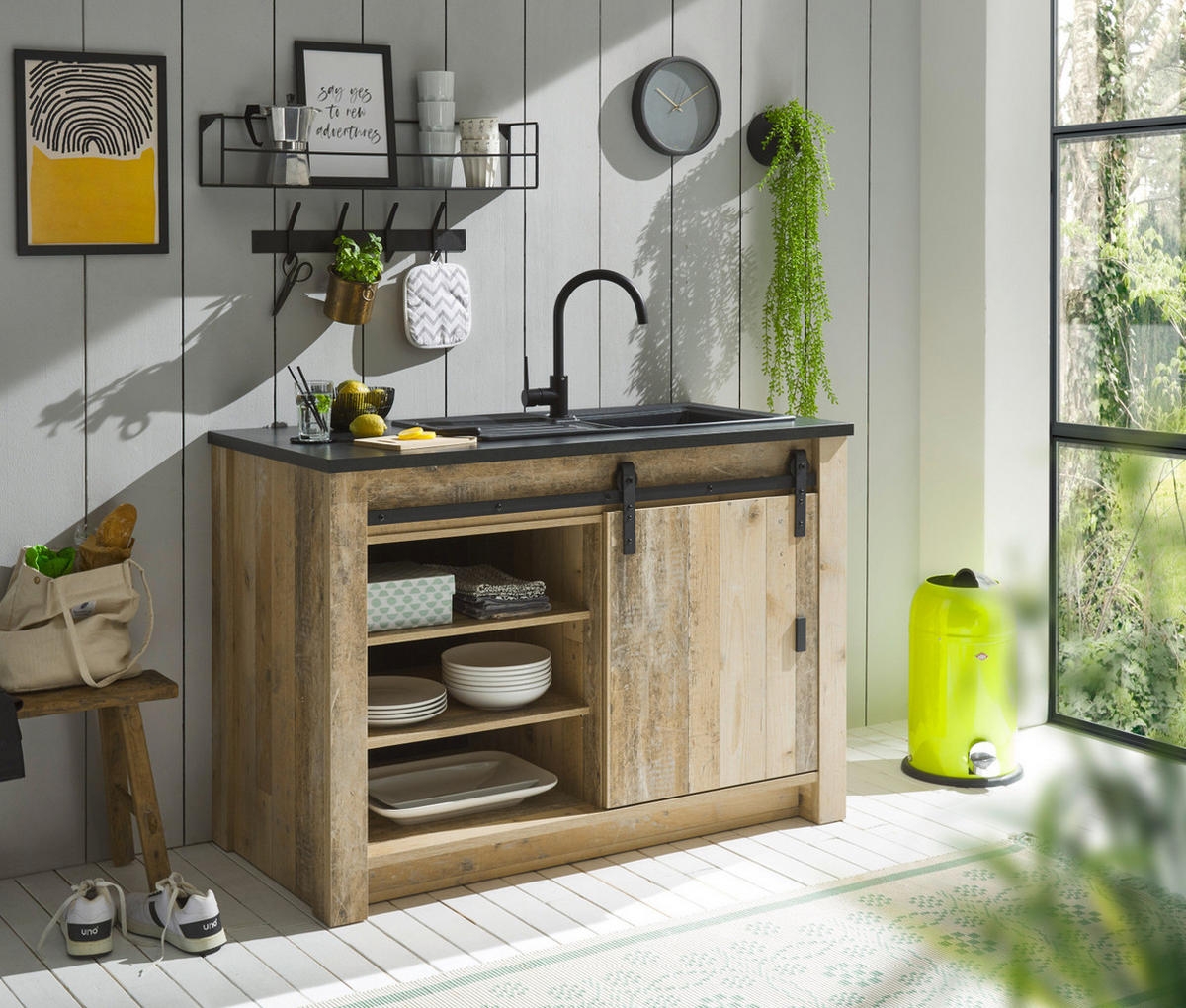 KÜCHENUNTERSCHRANK Used Wood hell, anthrazit 133 cm, Küchenschrank für Spüle oder Ceranfeld - Anthrazit/Schwarz, Holzwerkstoff/Metall (133/93/64cm) - Furn.Design