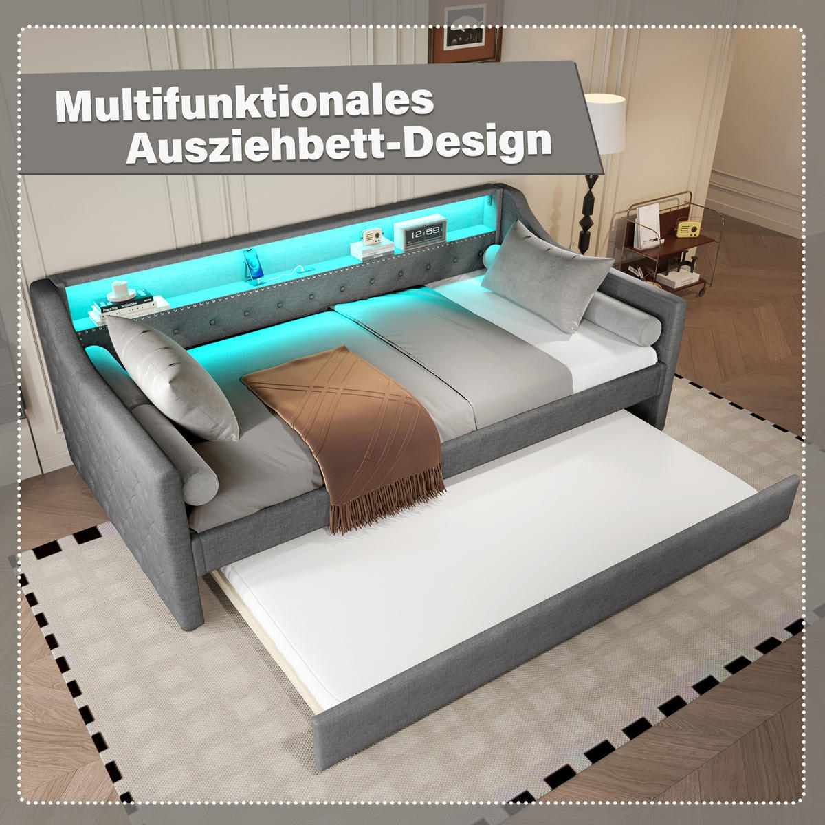 TAGEBETT 90x200cm Grau Leinen LED-Licht Ausziehbett USB - Grau, Holz (90/200cm) - FLIEKS