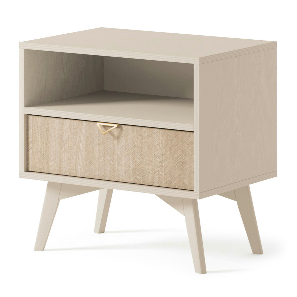 NACHTTISCH TOFINO STO1-1S Holzbeine Beige Fischgrätenmuster - Eichefarben/Beige, Holz/Holzwerkstoff (54/54/38cm) - Komodee