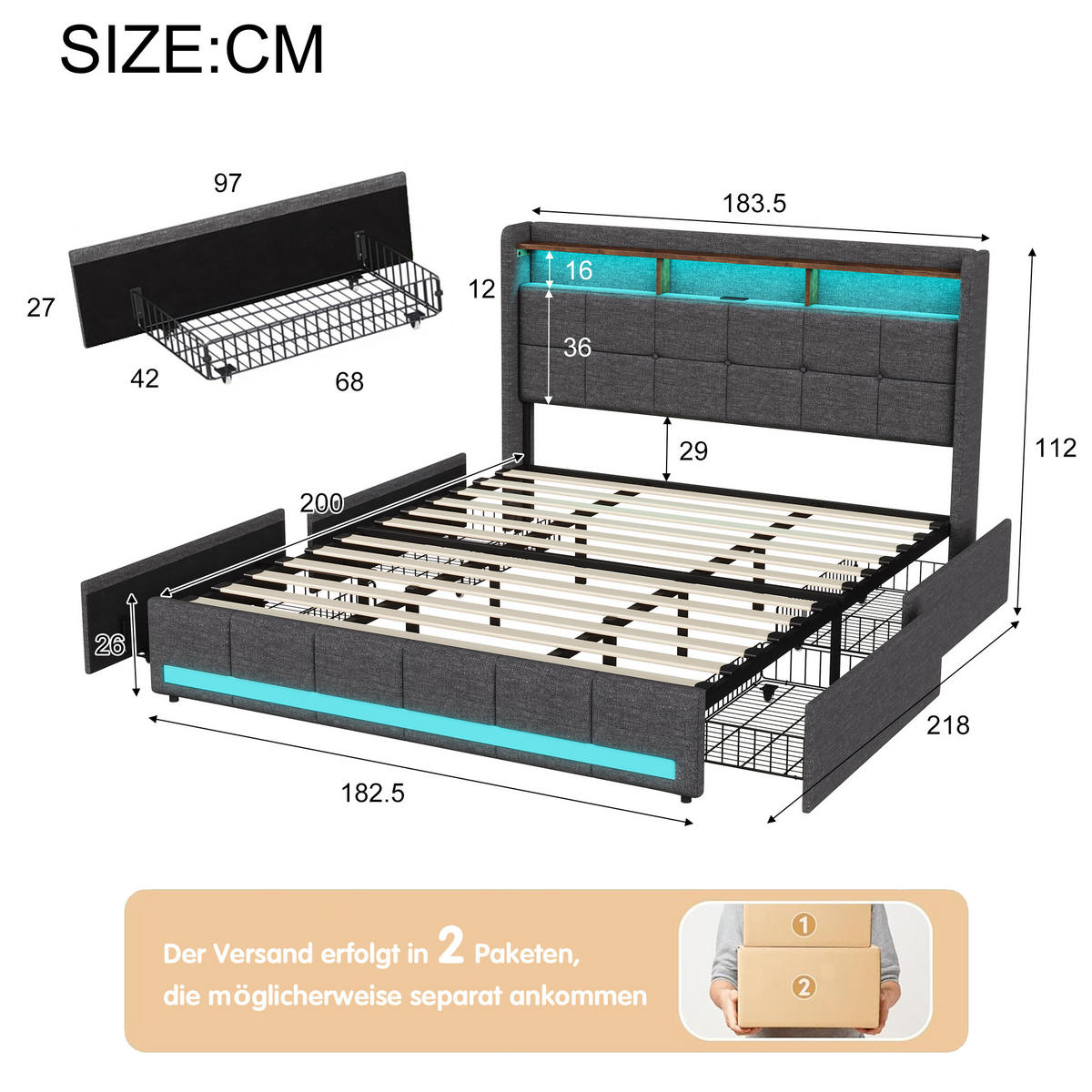 POLSTERBETT Leinen 180x200 cm mit LED Beleuchtung, USB und 4 Schubladen Grau - Grau, Holzwerkstoff (180/200cm) - Novahome