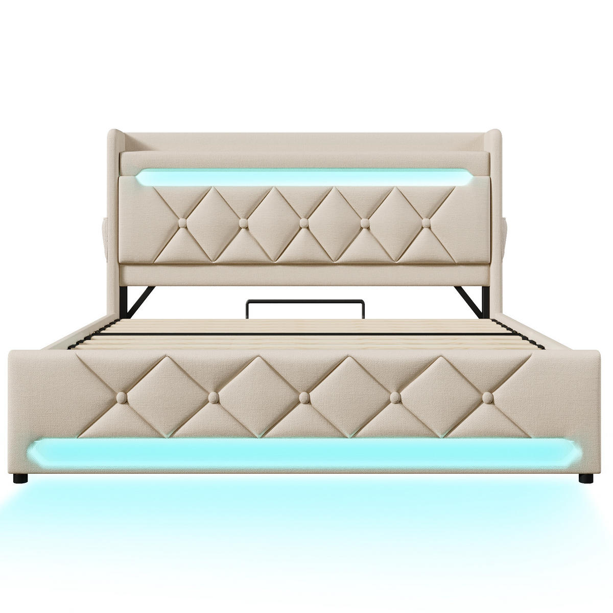 ČALÚNENÁ posteľ 140/190 cm z ľanu béžová s LED osvetlením, USB a úložným priestorom - béžová, textil (140/190cm) - BEAOK