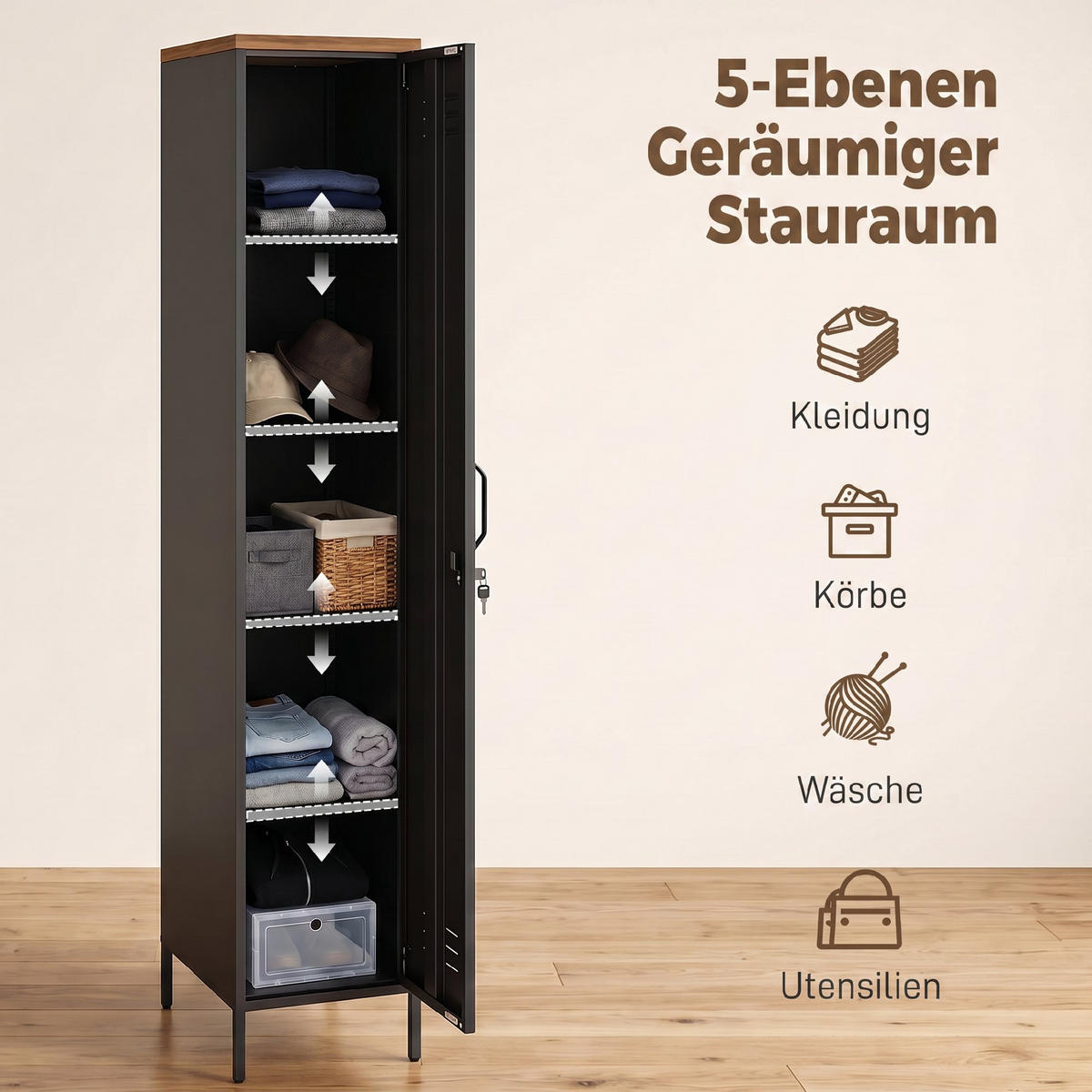 KLEIDERSCHRANK Metall Schwarz - Schwarz, Kunststoff/Metall (35/183/46cm) - HOMCOM