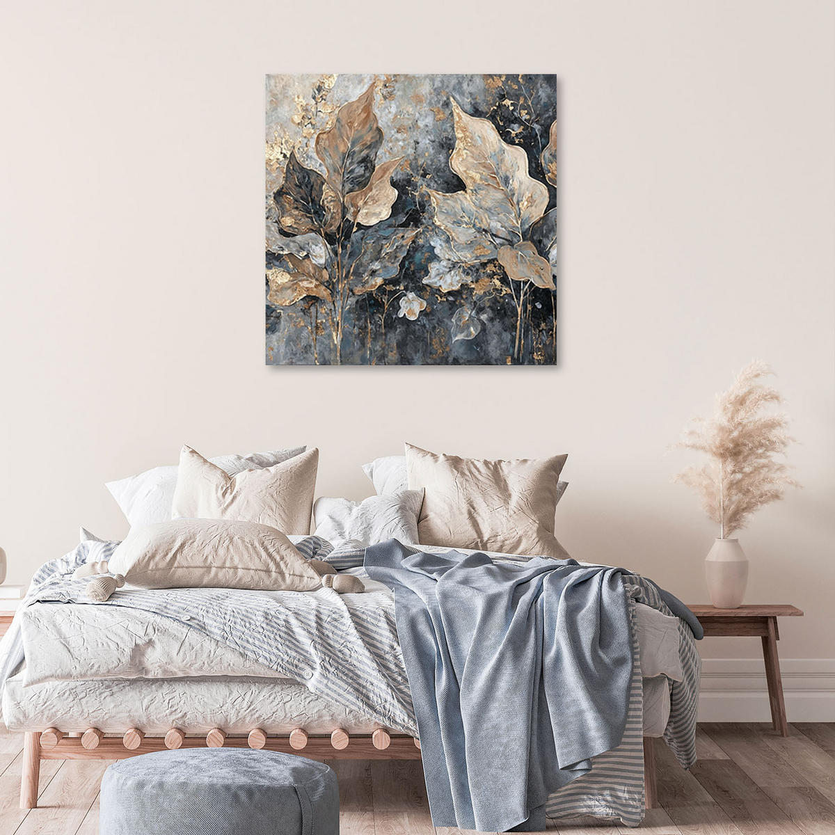LEINWANDBILD Blätter im Glamour-Stil 40x40cm - Silberfarben, Textil (40/40cm) - Feeby