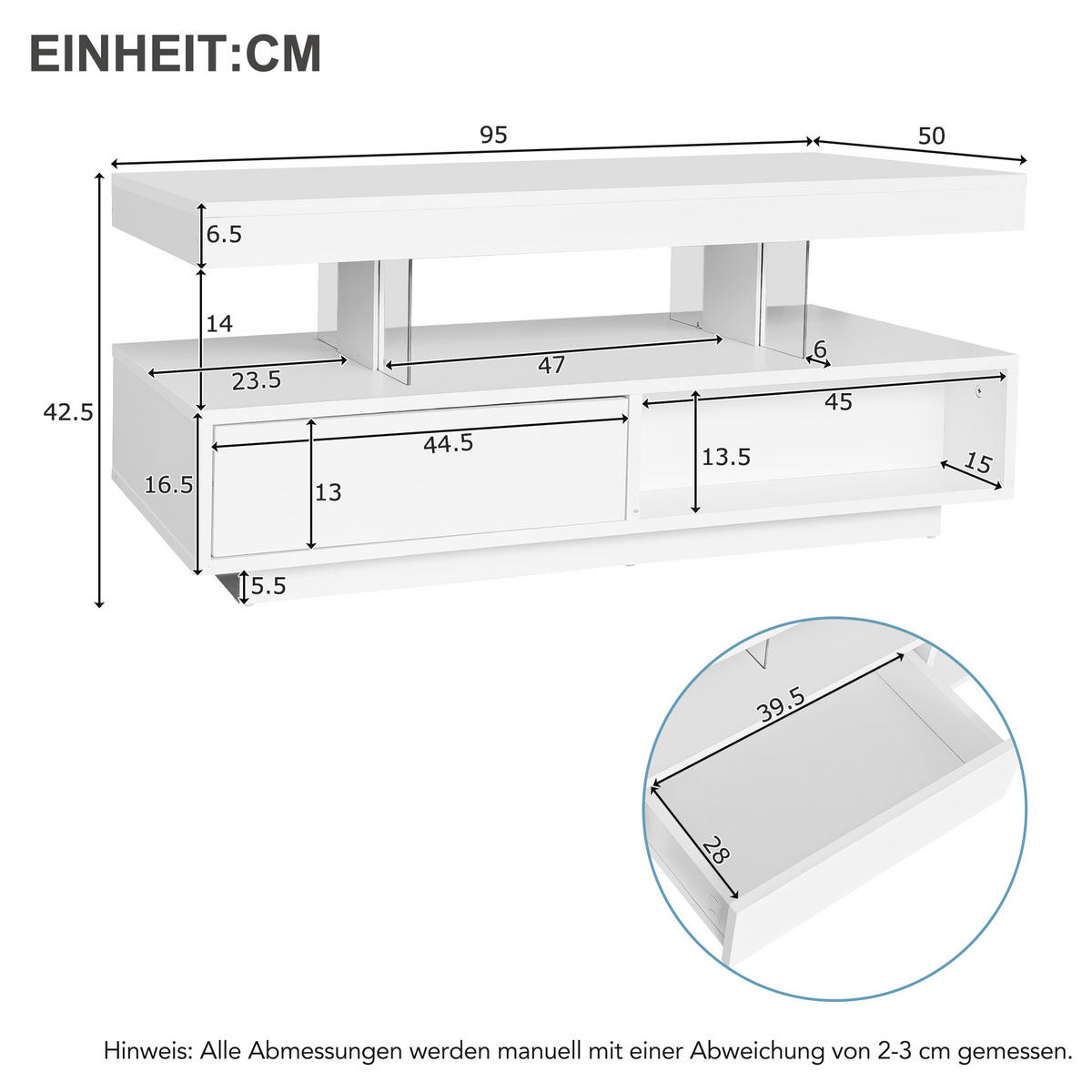 COUCHTISCH 95/50/42,5 cm weiß mit 4 Glasplatten und 2 Schubladen - Weiß, Holzwerkstoff (90/50/42.5cm) - OKWISH