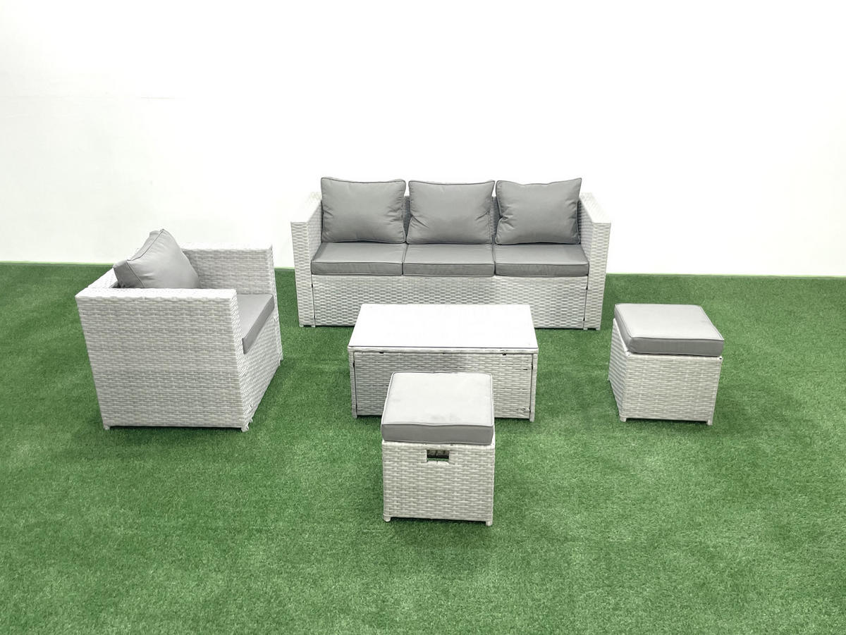 GARTENMÖBELSET mit 3-SITZER SOFA,COUCHTISCH Polyrattan Hellgrau-Mix 6-Sitzer - Hellgrau/Grau, Glas/Kunststoff - Fimous