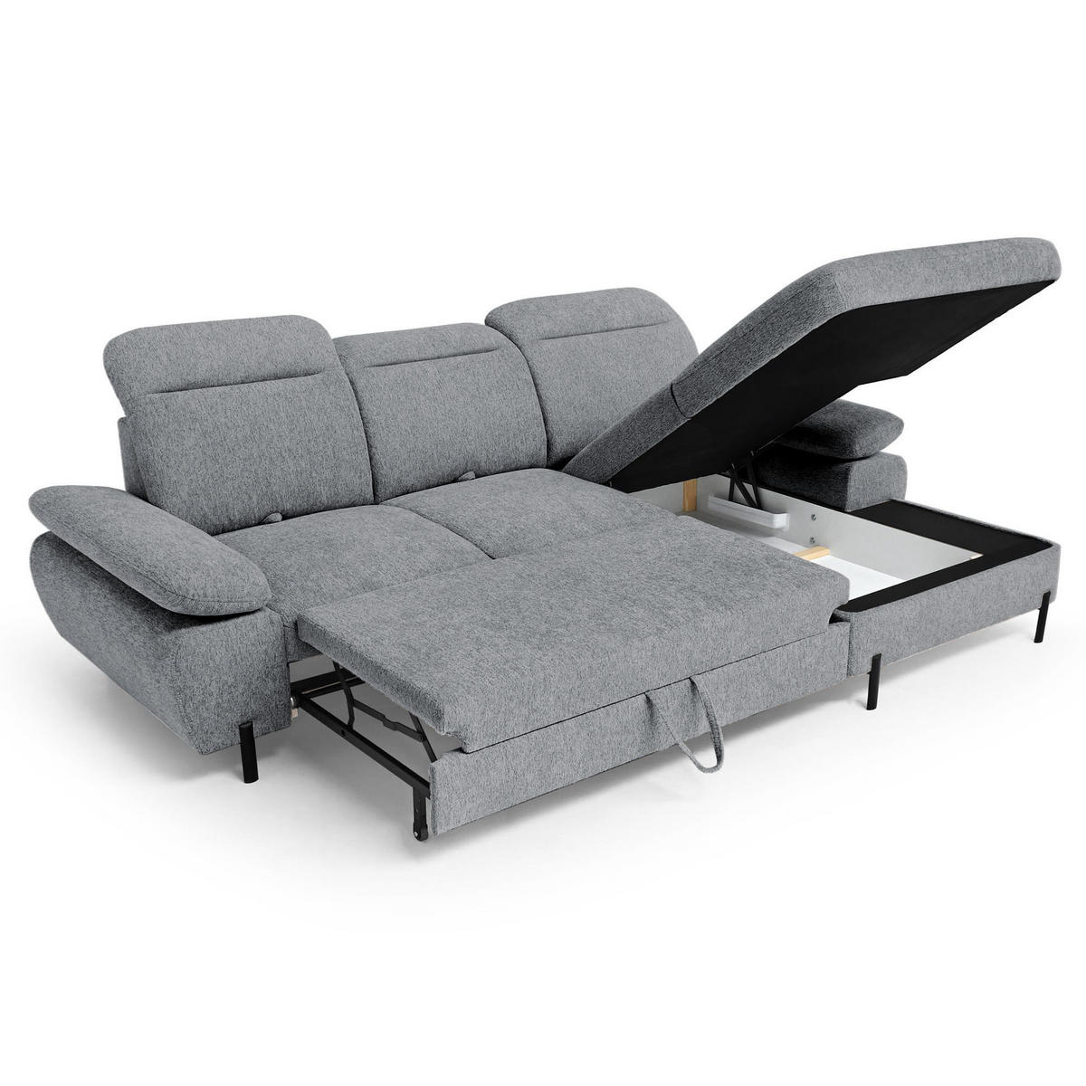 ECKSCHLAFSOFA Sora Mini mit verstellbaren Kopfstützen und Schlaffunktion, Chenille-Stoff, Grau, Rechts - Schwarz/Grau, Textil (190/285cm) - Beautysofa