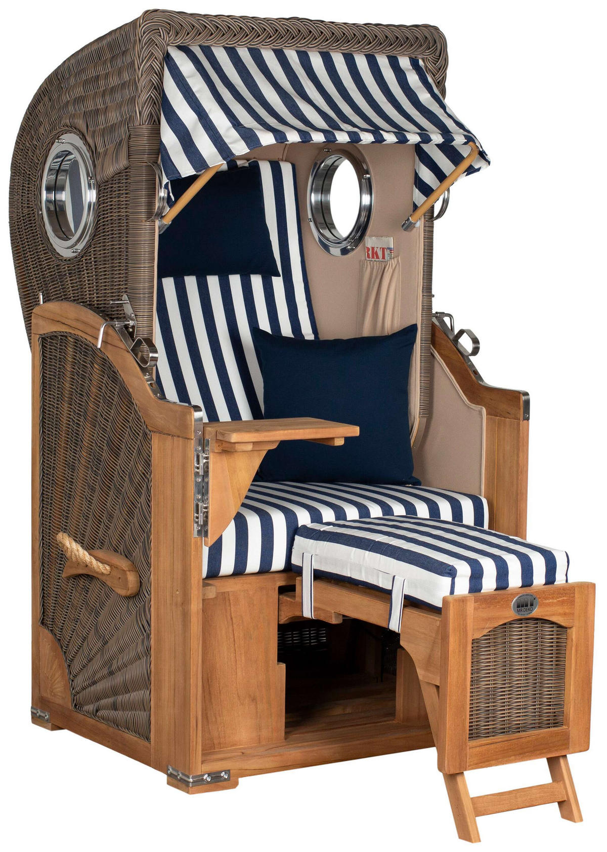 STRANDKORB Düne Single Teak 1-Sitzer - Blau/Braun, Holz/Textil (96/165/80cm) - Mr. Deko