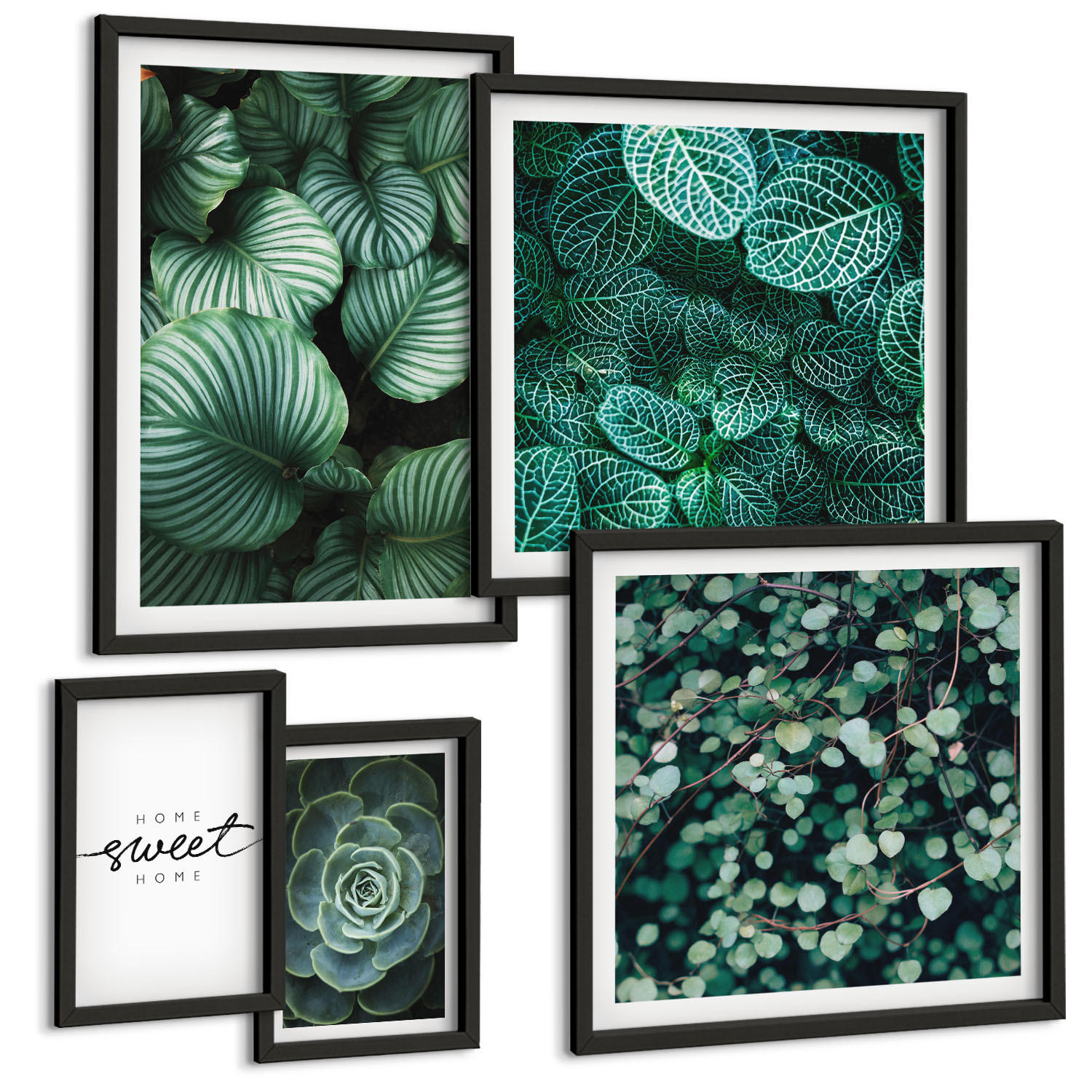 BILDER SET 5er Set - 50x50 cm & 20x30 cm & 40x60 cm Schwarzer Rahmen - Wellen, Sand, Wasser, Steine, Strand - Schwarz, Kunststoff (40/60cm) - TULUP