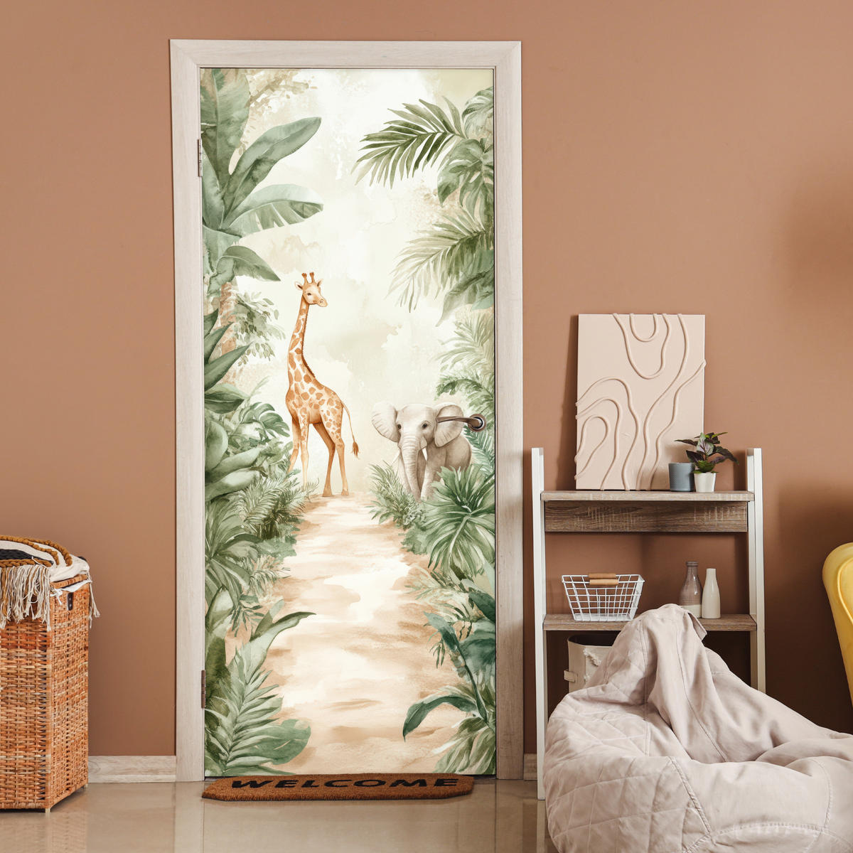 FOTOTAPETE Tür - Dschungel - Giraffe - Elefant - Grün - Natur 95x215 cm - Eukalyptusholzfarben, Kunststoff (95/0.1cm) - MuchoWow