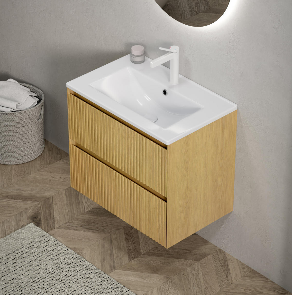 WASCHTISCHKOMBI 61 cm in Eiche mit Keramikbecken und Soft-Close-Schubladen - Eichefarben, Keramik (61/51.5/39cm) - BEAOK