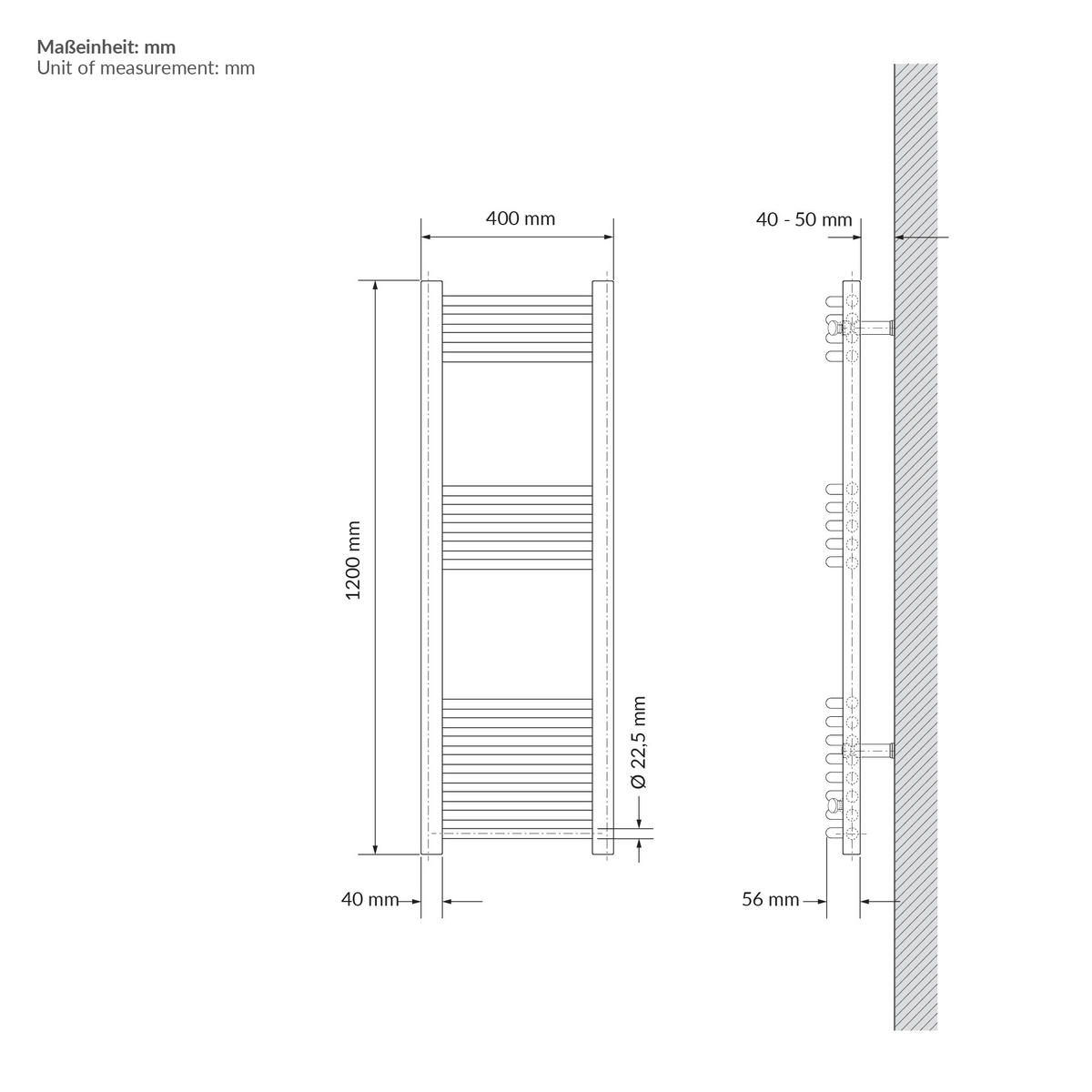 HANDTUCHHEIZKÖRPER 400 x 1200 mm Beige Badheizkörper gebogen mit Seitenanschluss - Beige, Metall (40/120/3cm) - LuxeBath