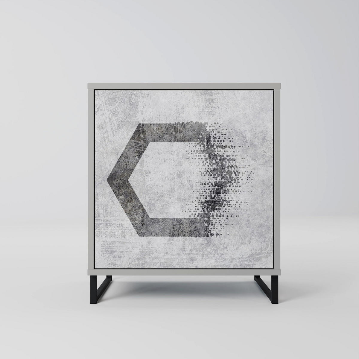 SIDEBOARD HEXAGONAL FIGURES, Grau, 57,5x42x70,5 cm, Schwarze Metall-Sternfüße - Multicolor/Schwarz, Holzwerkstoff/Metall (57.5/70.5/42cm) - SpaceRebels