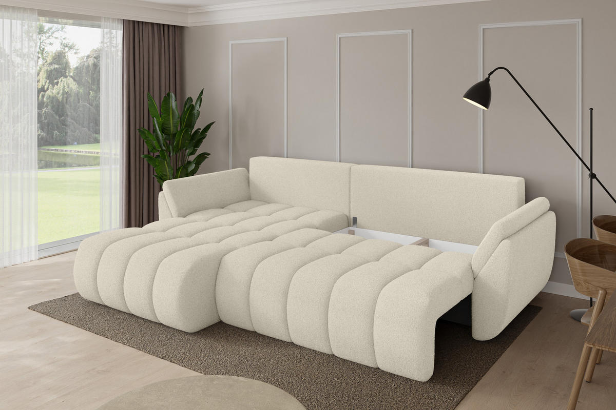 ROHOVÁ SEDAČKA s funkcí spaní, otoman vlevo TOKO-L-v1 277x194x86 béžová bouclé - černá/písková barva, kompozitní dřevo/textil (277/194cm) - ALTDECOR