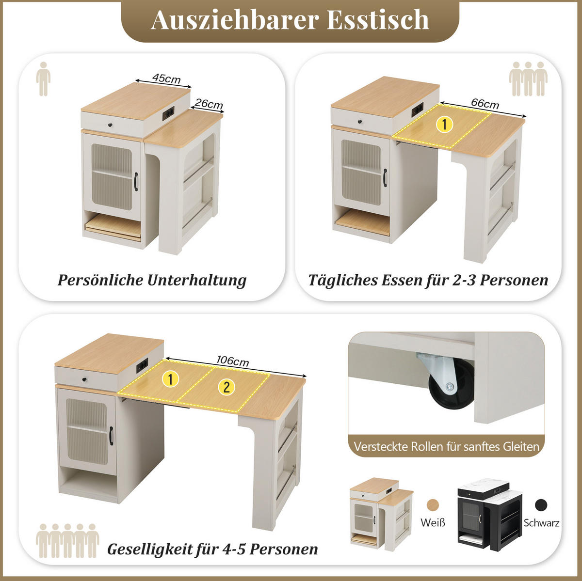 KÜCHENINSEL 80/71~111~151/92 cm Weiß/Natur aus MDF und Glas mit Ausziehfunktion - Weiß, Holzwerkstoff (80/92/71cm) - OKMYHOME