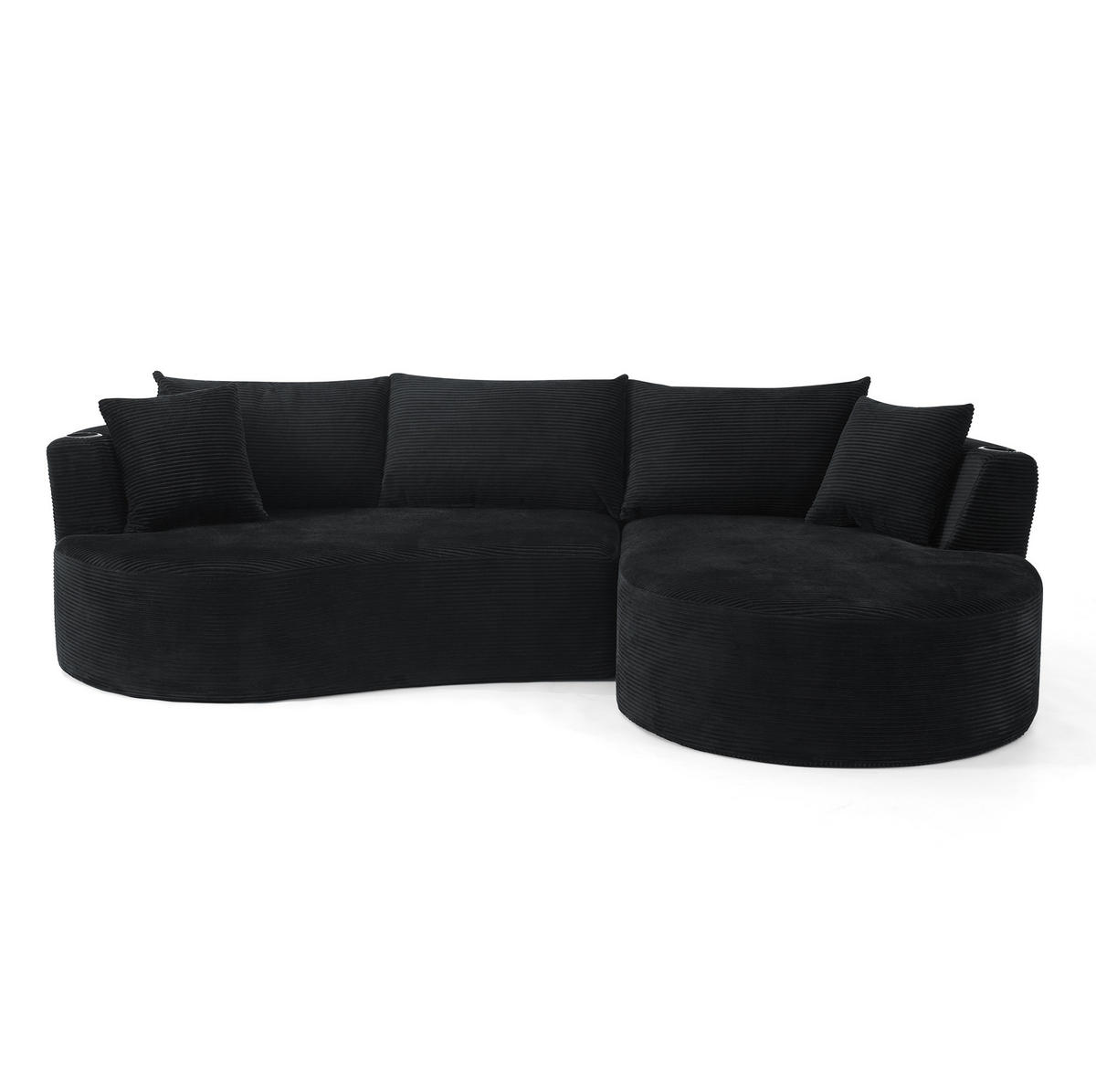 SOFA 3-Sitzer bogenförmig mit Getränkehaltern Kordstoff Schwarz - Schwarz, Textil (168/264.1cm) - Meubliv
