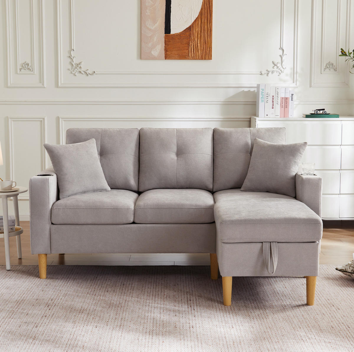 ECKSOFA 175/129/90 cm hellgrau aus Baumwoll-Leinen mit Stauraum - Hellgrau, Textil (175/129cm) - OKWISH