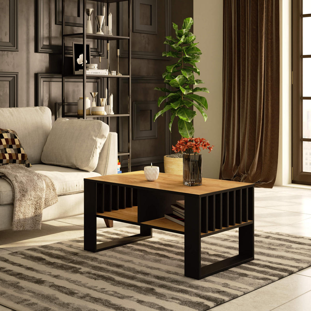 COUCHTISCH ROCKFORD Craft-Eichenfarben, Schwarz 92x53x45 cm - Eichefarben/Schwarz, Holzwerkstoff (53/92/45cm) - Akord
