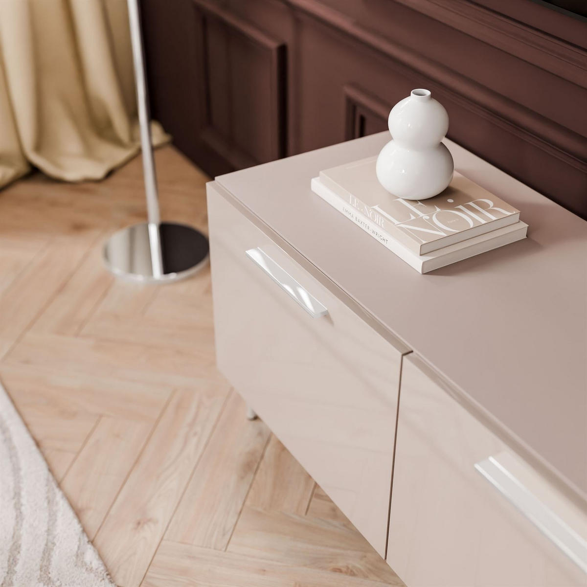 TV-ELEMENT AURA 100 KASCHMIR Hochglanz auf geraden silbernen Beinen - Kaschmir/Silberfarben, Holzwerkstoff (100/50/40cm) - Lookway