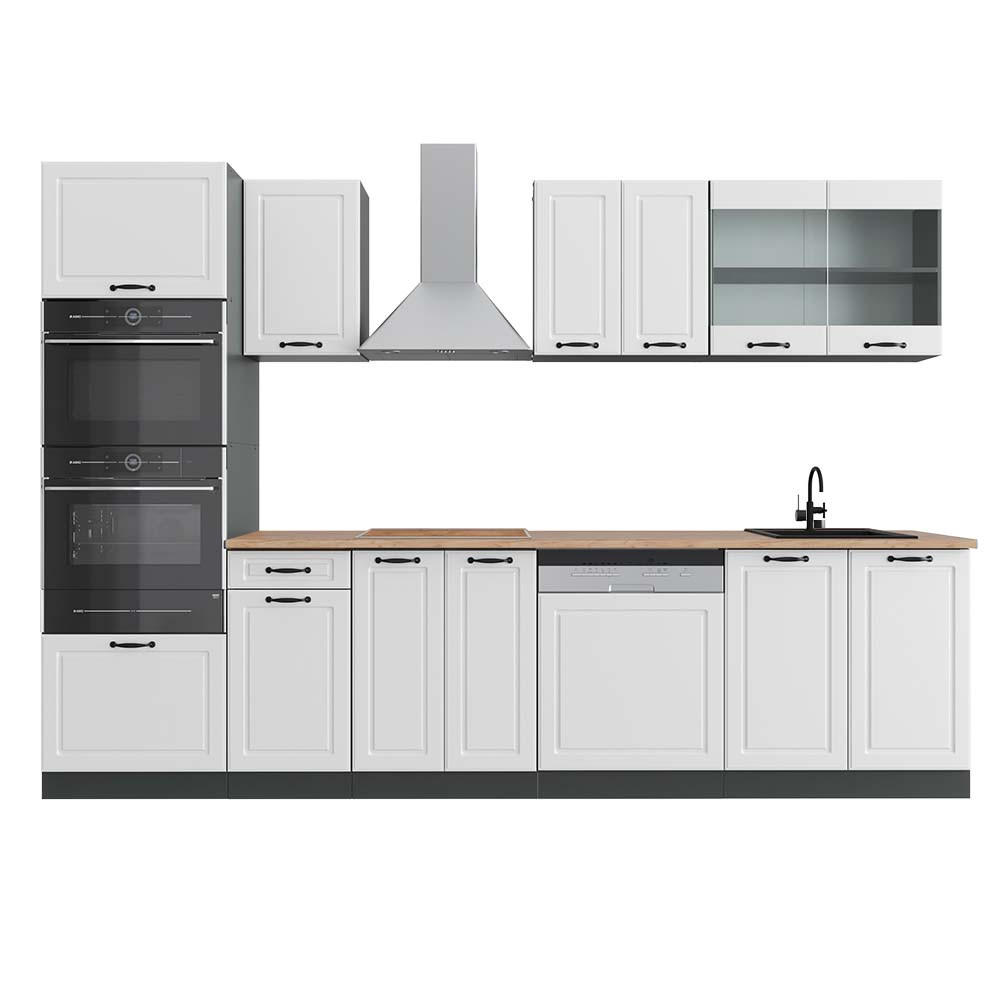 KÜCHENZEILE R-Line Weiß Landhaus/Anthrazit 300 cm mit Hochschrank AP Eiche - Anthrazit/Weiß, Holzwerkstoff (300/81.6/60cm) - Vicco