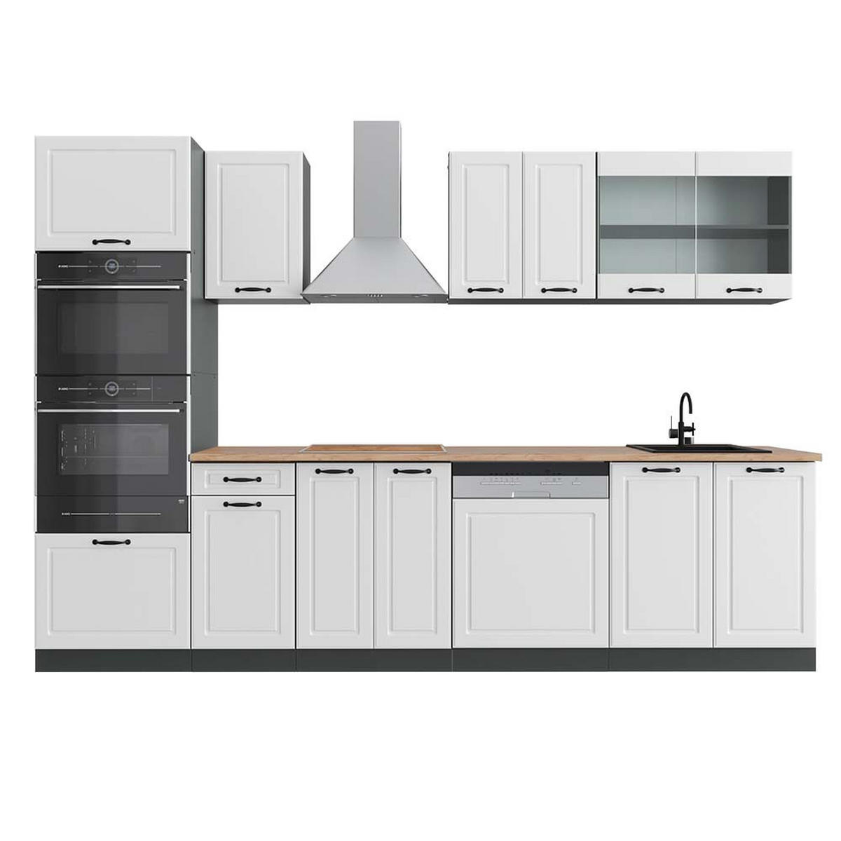 KÜCHENZEILE R-Line Weiß Landhaus/Anthrazit 300 cm mit Hochschrank AP Eiche - Anthrazit/Creme, Holzwerkstoff (300/81.6/60cm) - Vicco