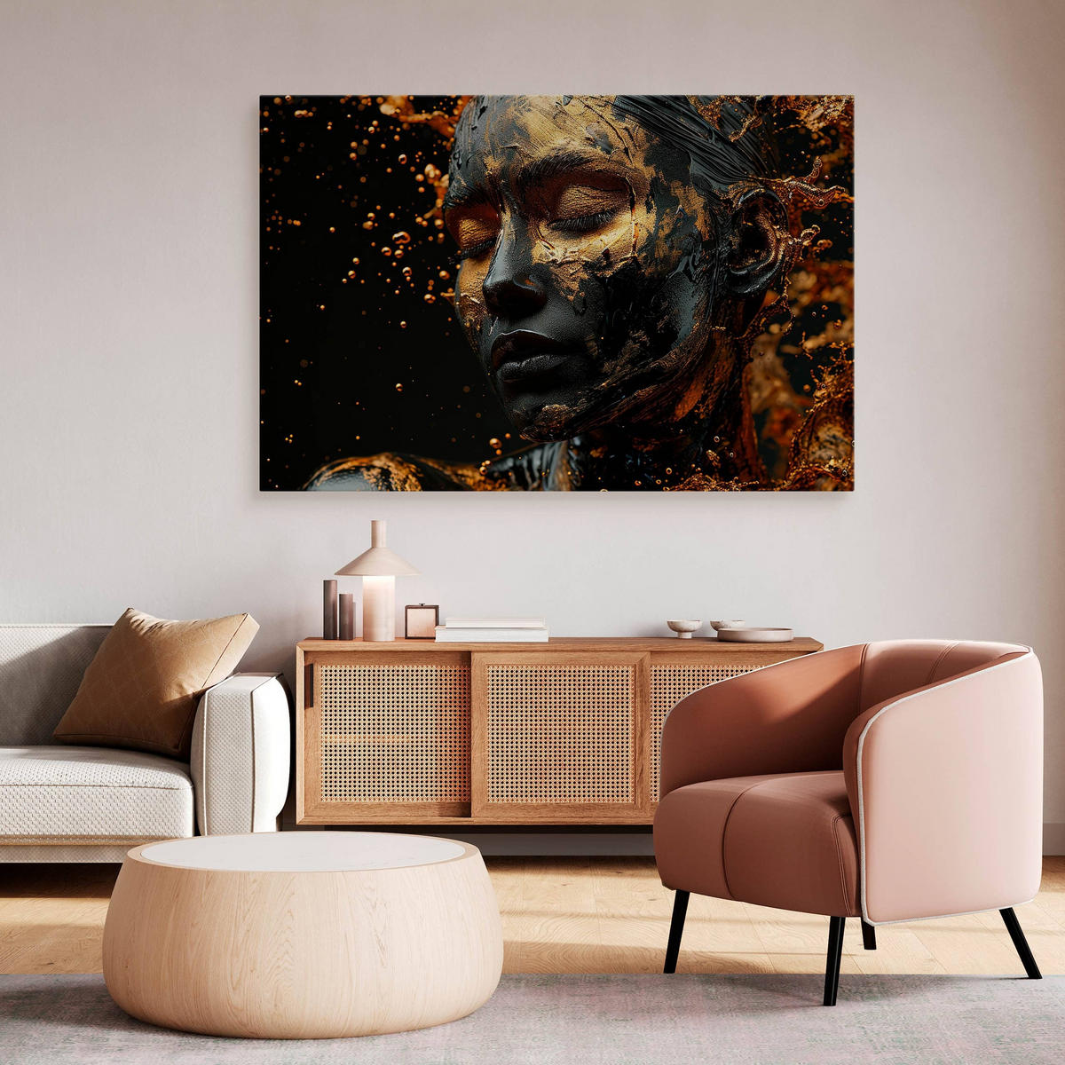 LEINWANDBILD für Wohnzimmer Porträt Frau Abstraktion Glamour 3D 120cm x 80cm - Beige/Schwarz, Textil (120/80cm) - Muralo