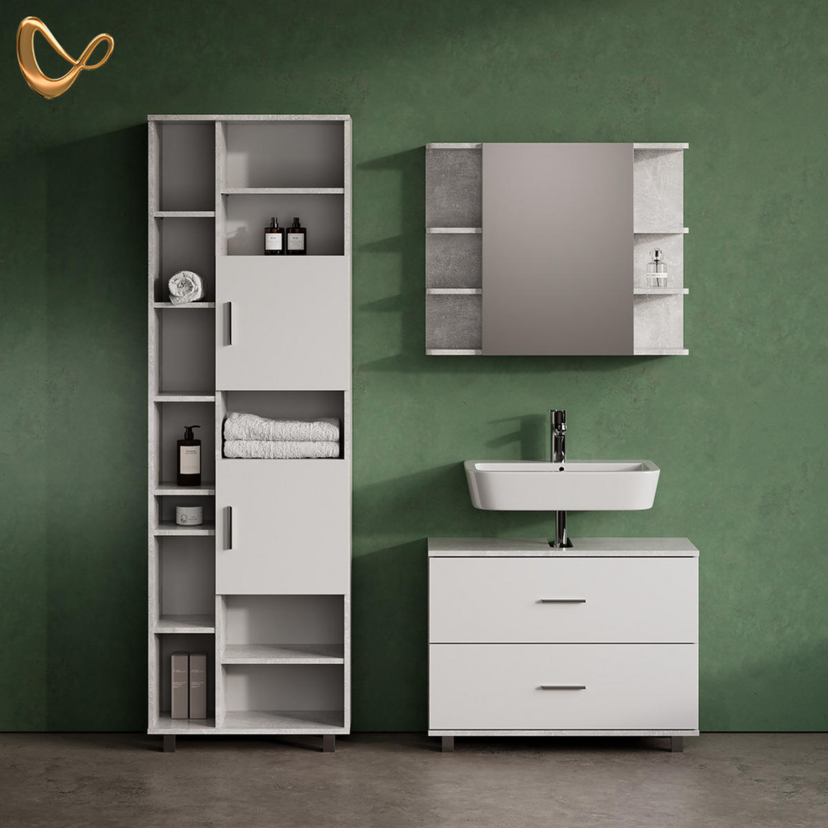 BADMÖBEL-SET Eisak Beton 3 Teile, mit Hochschrank - Schieferfarben/Weiß, Holzwerkstoff (80/60/33cm) - Livinity®