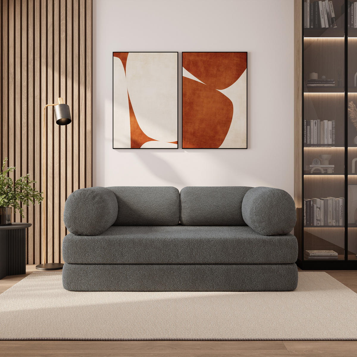 BETTSOFA EIREN aus Schaumstoff Bucle-Stoff Grau Schlaffunktion - Grau, Textil (170/68/80cm) - MASSENO