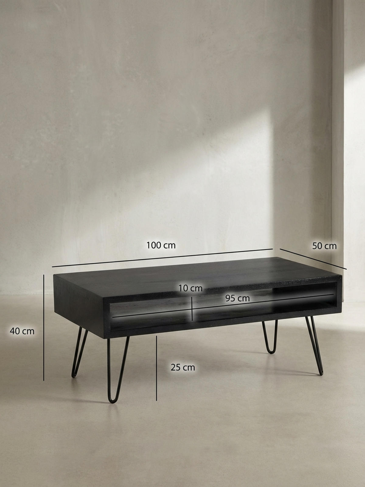 COUCHTISCH Mango Massivholz Metall 100x50x40cm mit Stauraum und Haarnadelbeinen - Schwarz, Holz/Metall (50/100/40cm) - KADIMA DESIGN