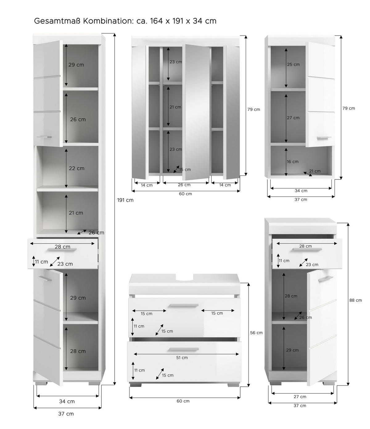 BADKOMBINATION 5tlg. Scout Bad in weiß Nachbildung und weiß hochglanz B/H/T: 164x191x34 cm - Weiß, Holz (164/191/37cm)