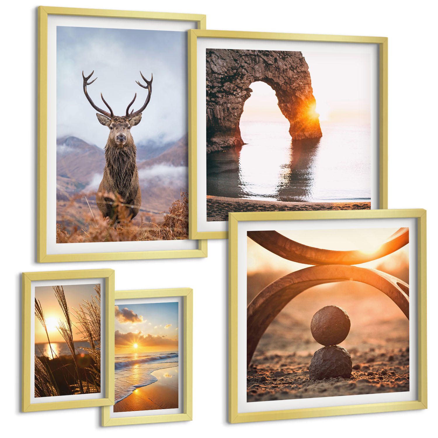 BILDER SET 5er Set - 50x50 cm & 20x30 cm & 40x60 cm Goldrahmen - Blätter des Weißen Tigerwasserfalls - Goldfarben, Kunststoff (40/60cm) - TULUP