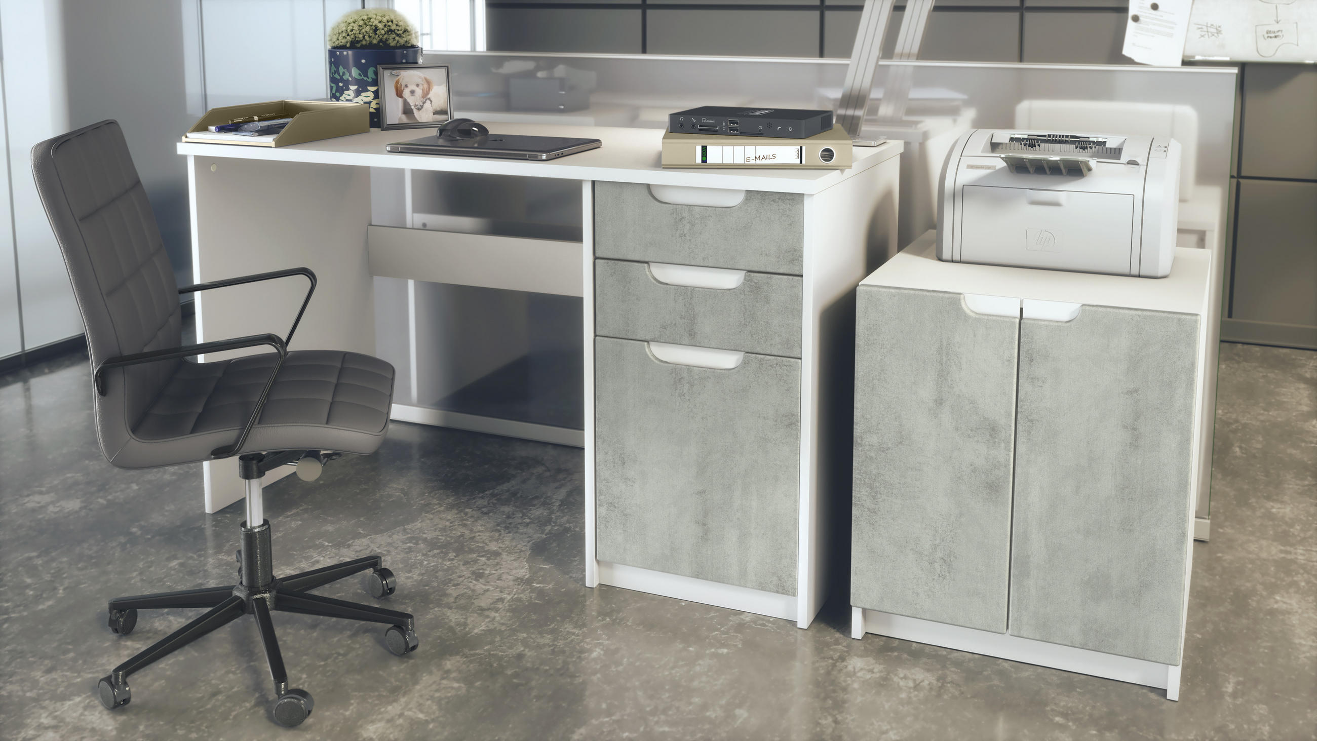 BÜROMÖBELSET Paris Beton Oxid Optik - Hellgrau, Holzwerkstoff (60/180/76cm) - Vladon