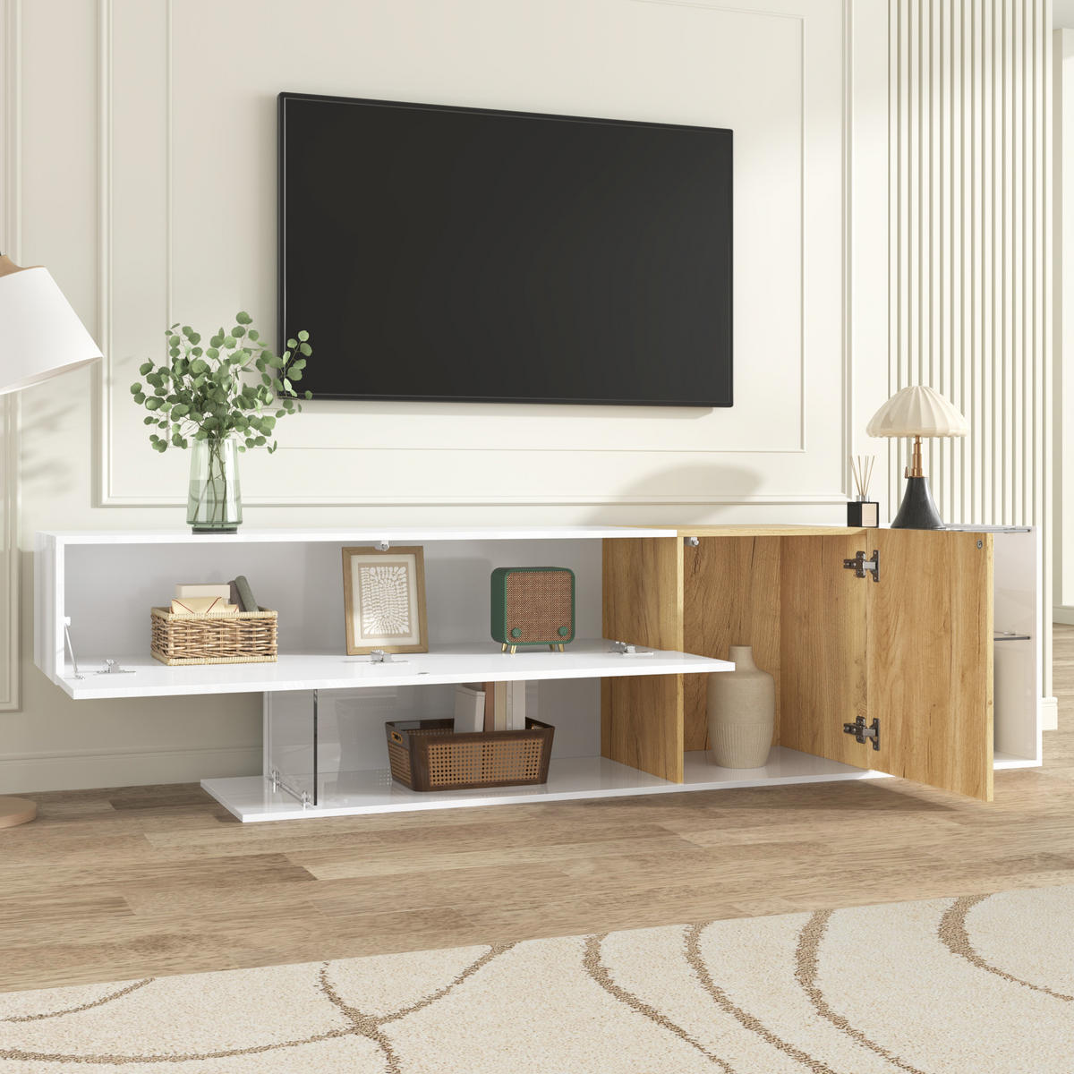 TV-KOMMODE in Hochglanz Weiß mit Holzoptik und Glasregalen 180/38/48 cm - Weiß, Holzwerkstoff (180/48/38cm) - Redom