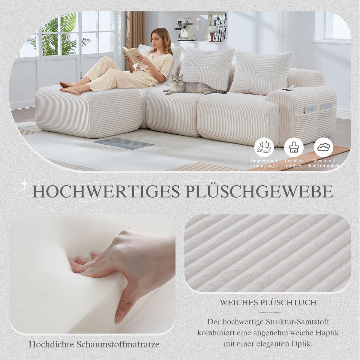 MODULARES 3-Sitzer Sofa Cordstoff mit Getränkehalter und Seitentasche 268/174/80 cm Beige - Beige, Textil (174/268cm) - Redom