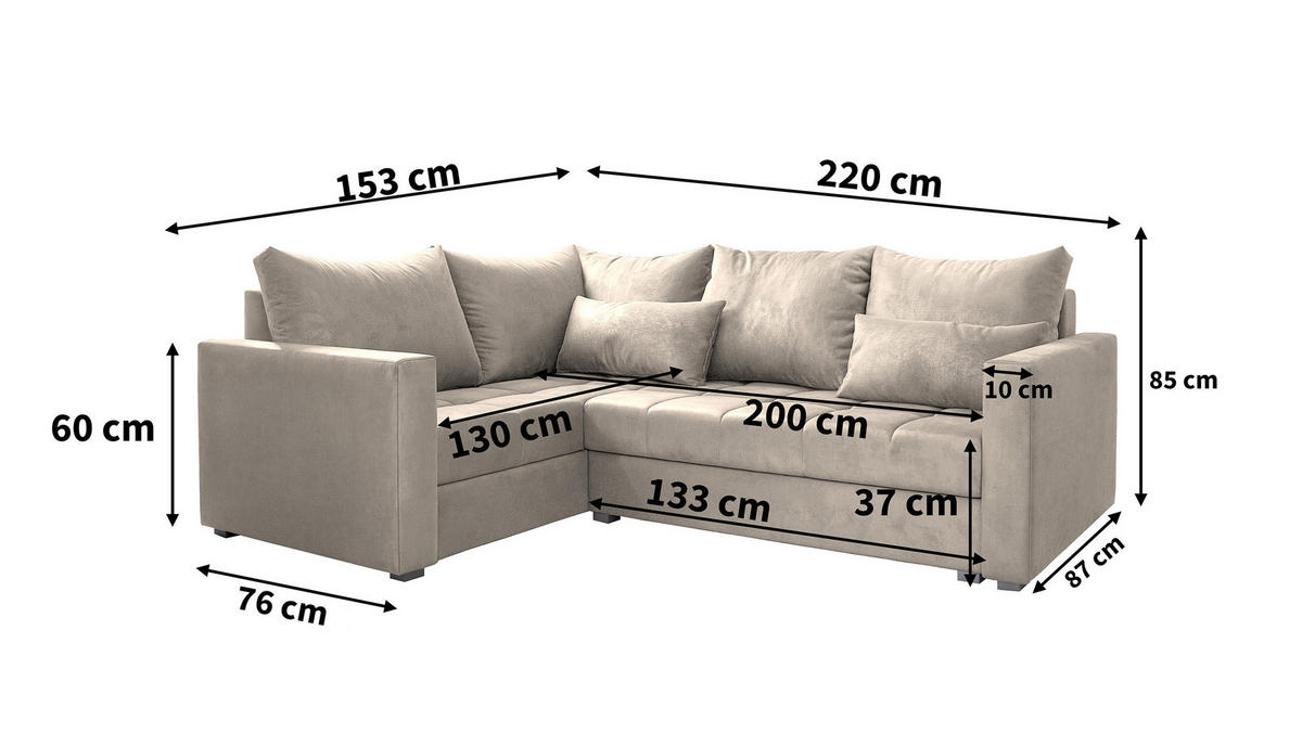 ECKSOFA LIRENO L-S Grau Plüsch-Stoff mit Schlaffunktion - Grau, Holz (220/153cm) - MASSENO