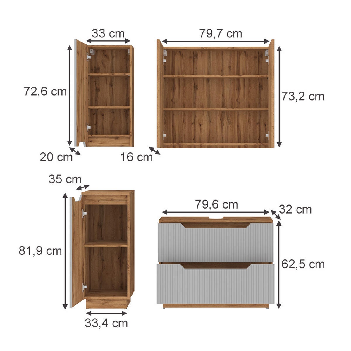 BADMÖBEL-SET Lotta Eiche/grau gestreift 4 Teile - Eichefarben/Grau, Holzwerkstoff (79.6/62.5/32cm) - Vicco