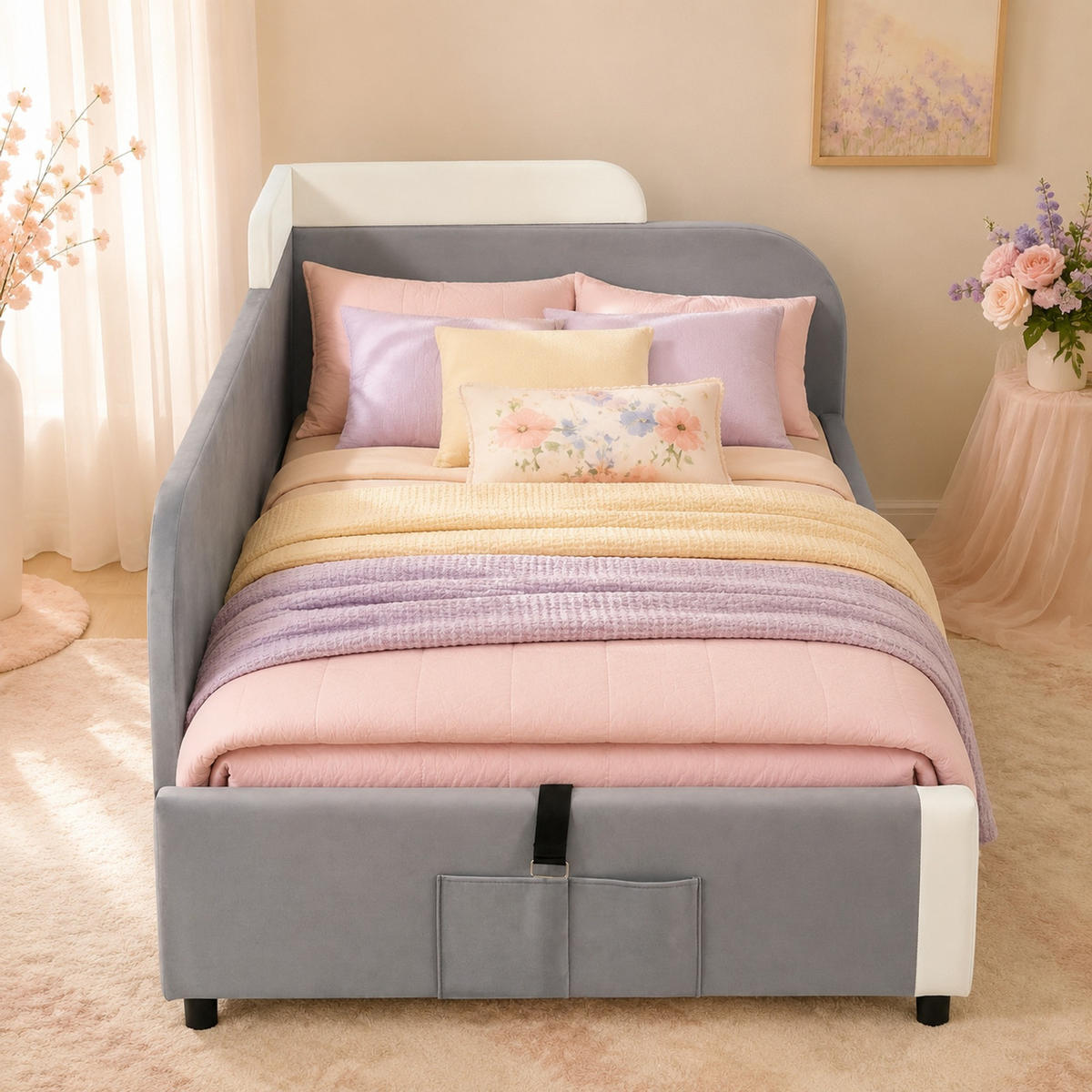 KINDERBETT 90/200 mit hydraulischem Stauraum,Schutzgitter und Aufbewahrungstasche in Grau - Grau, Holzwerkstoff/Textil (90/200cm) - EVRYAE
