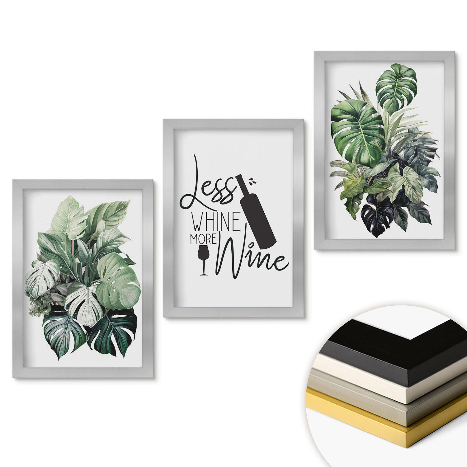 WANDBILDER 3er Set - 20x30 cm Silberner Rahmen - Blätter der weinroten grünen Pflanze - Silberfarben, Kunststoff (20/30cm) - ArtPrintCave
