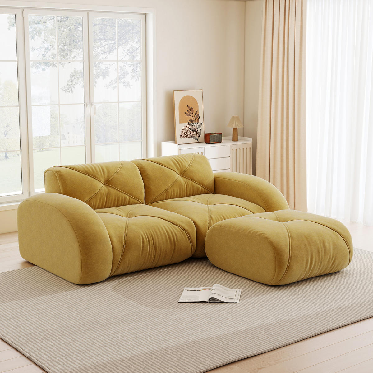 2-SITZER-SOFA aus Chenille Gelb mit Hocker, 2-Sitzer, rahmenlos und haustierfreundlich - Gelb, Textil (204/76/171cm) - Modfu