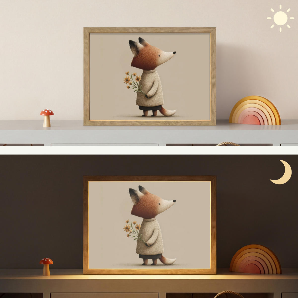 NÁSTĚNNÁ LAMPA S AKUMULÁTOREM Liška - Žluté květy - Minimalistický 40x30 cm - šedohnědá, kompozitní dřevo (40/30/8cm) - OnlyWow