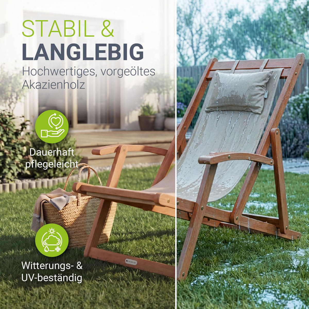 SONNENLIEGE Tavira Akazie creme klappbar 2er-Set - Creme, Holz (60/110/110cm) - Juskys