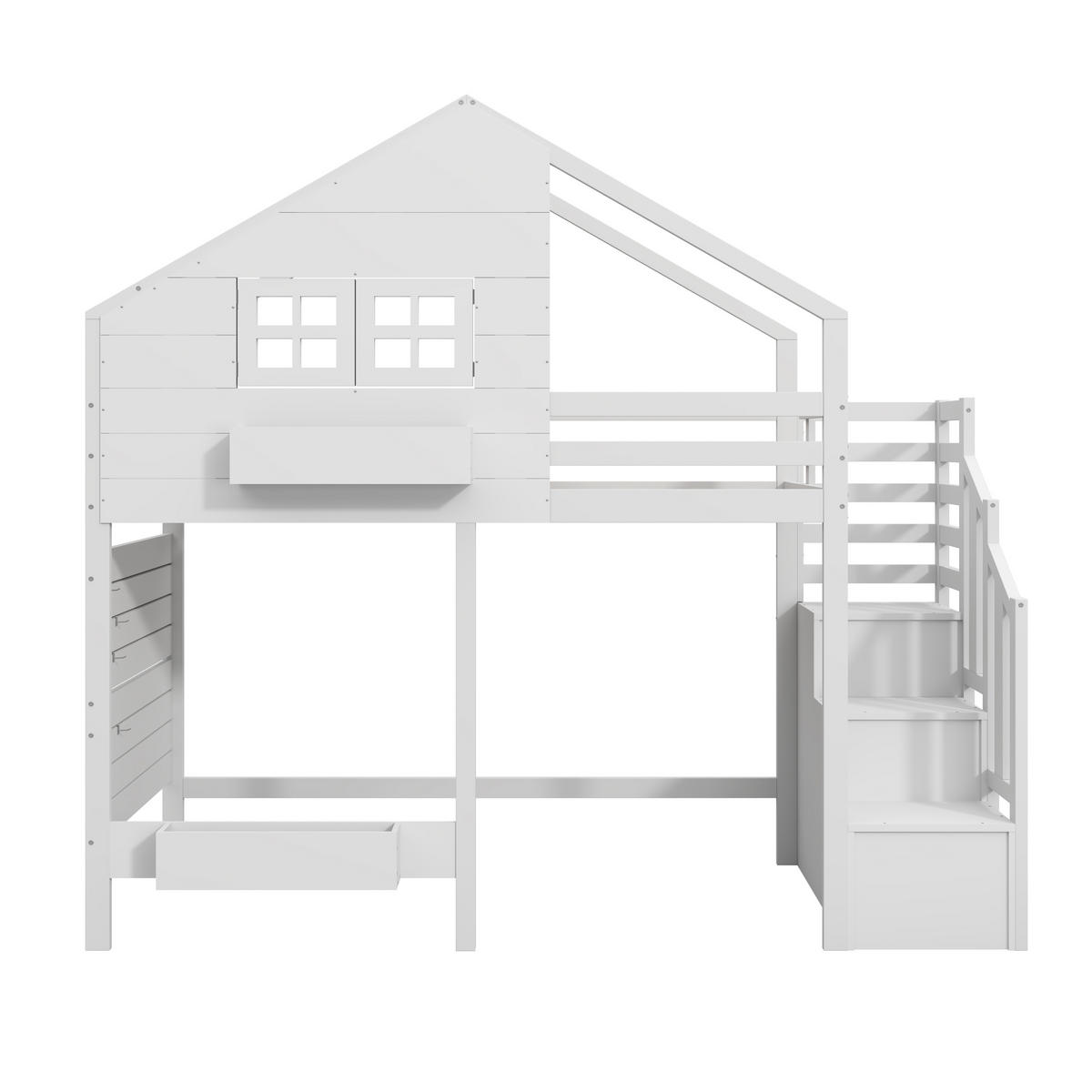 ETAGENBETT 90/200 cm Weiß aus Kiefer Massivholz mit Stauraumtreppe und Fenster - Weiß, Holzwerkstoff (90/200cm) - OKWISH