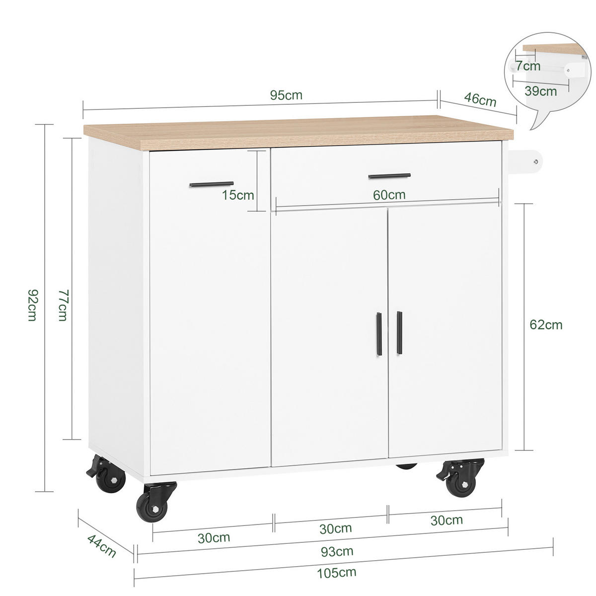 KÜCHENWAGEN auf Rollen, Kücheninsel, Weiß-Natur - Weiß/Naturfarben, Holzwerkstoff (105/92/46cm) - SoBuy