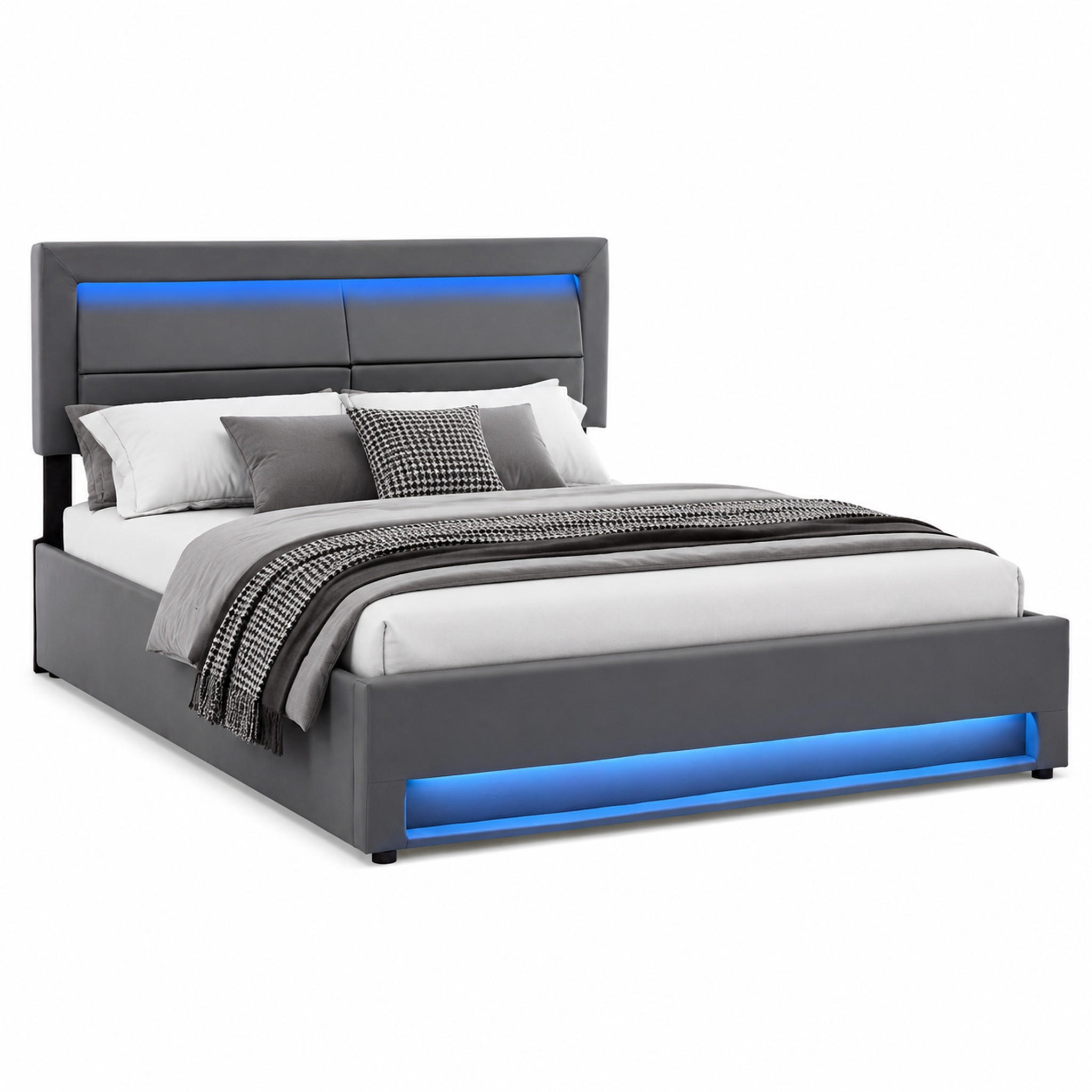 POLSTERBETT mit Stauraum & LED 140x200 cm PU Grau - Grau, Metall (140/200cm) - Meubliv